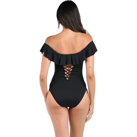 La Blanca Island Goddess Women One Piece Off Shoulder Ruffle  Bathing Suit - Picture 2 of 7